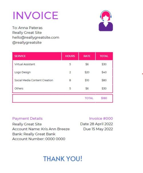 freelance invoice by canva for content writer