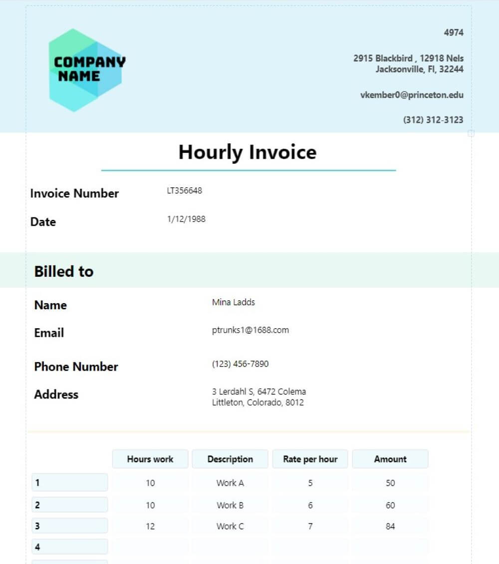hourly invoice by jotform for content writer