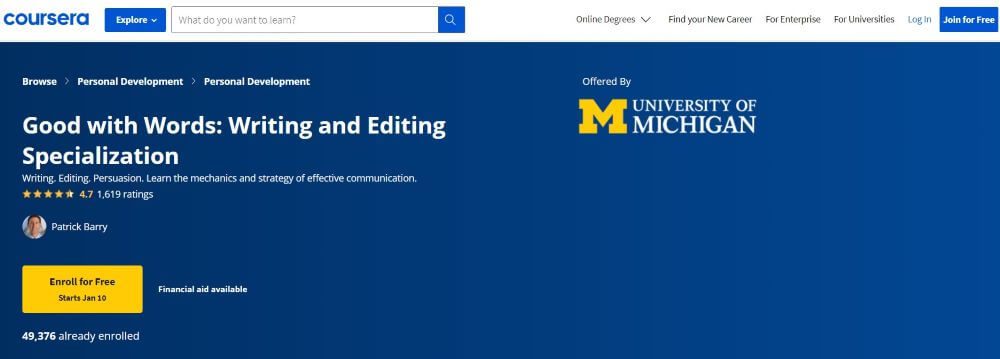 University of Michigan online course for creative writing